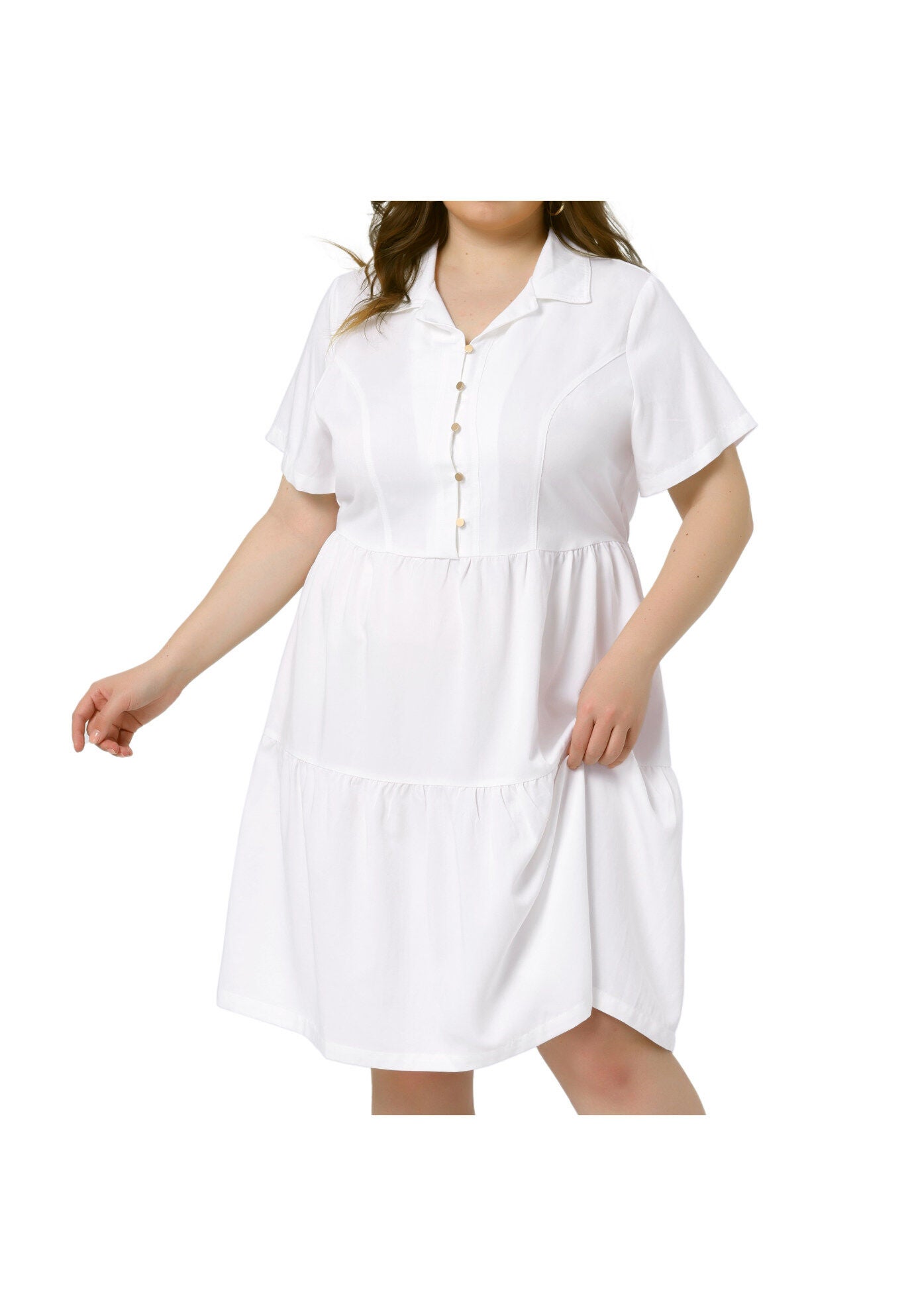 Short Sleeve Button Down Flowy Tiered Shirt Chambray Dress, White / White, alternate image number 2