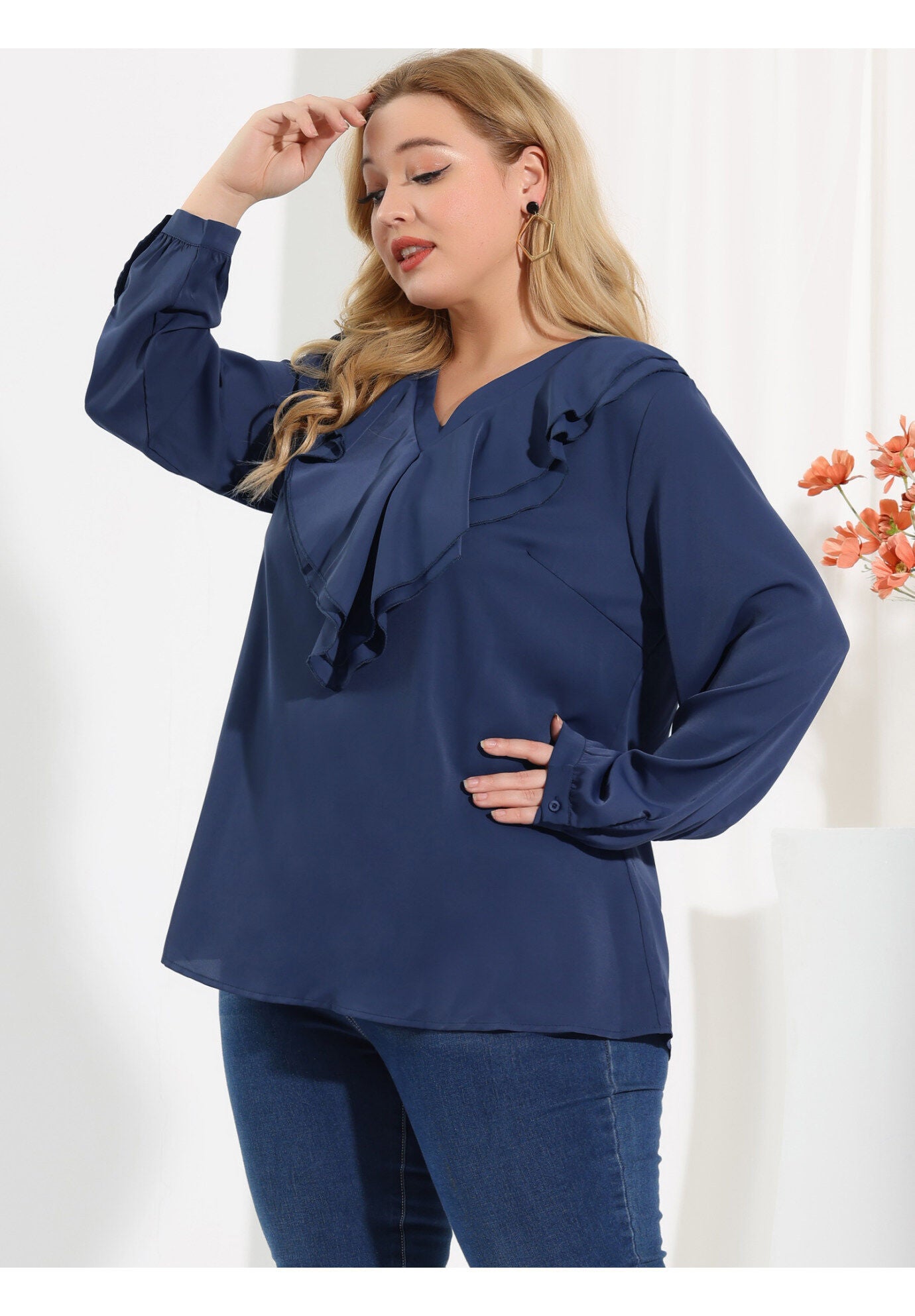 RUFFLE BLOUSE CHIFFON V NECK LONG SLEEVE SHIRT TOP, Navy Blue / Navy, alternate image number 1