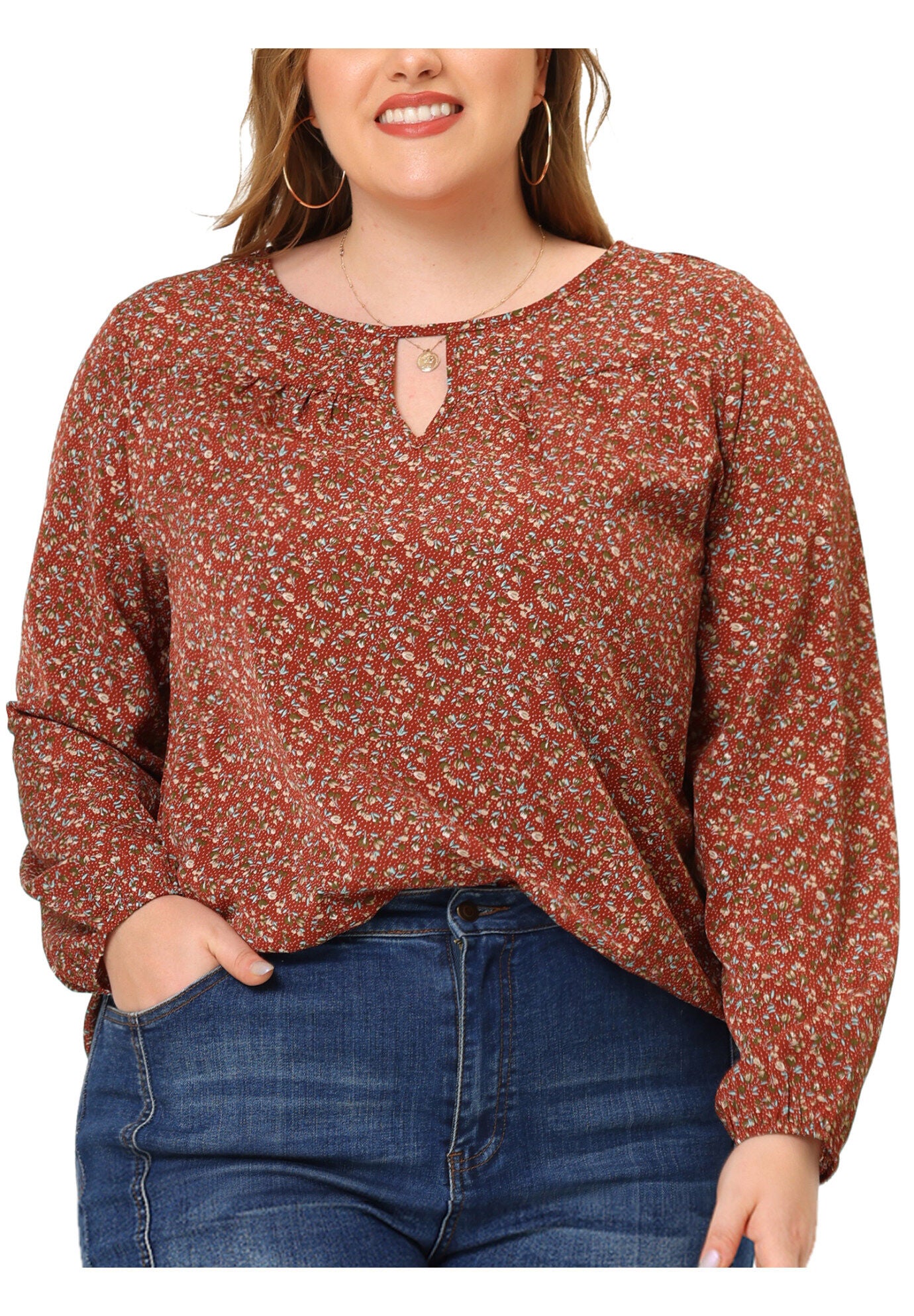 Chiffon Long Sleeve Keyhole Blouse Floral Top, Brown / Brown, alternate image number 2