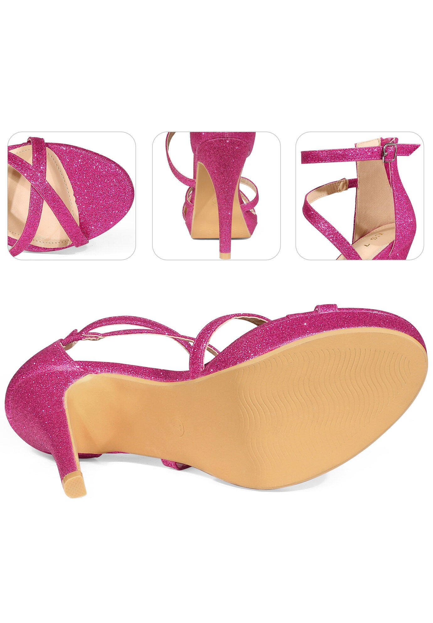 Platform Glitter Strappy Stiletto Heels Sandals, Hot Pink / Deep Fuchsia, alternate image number 2