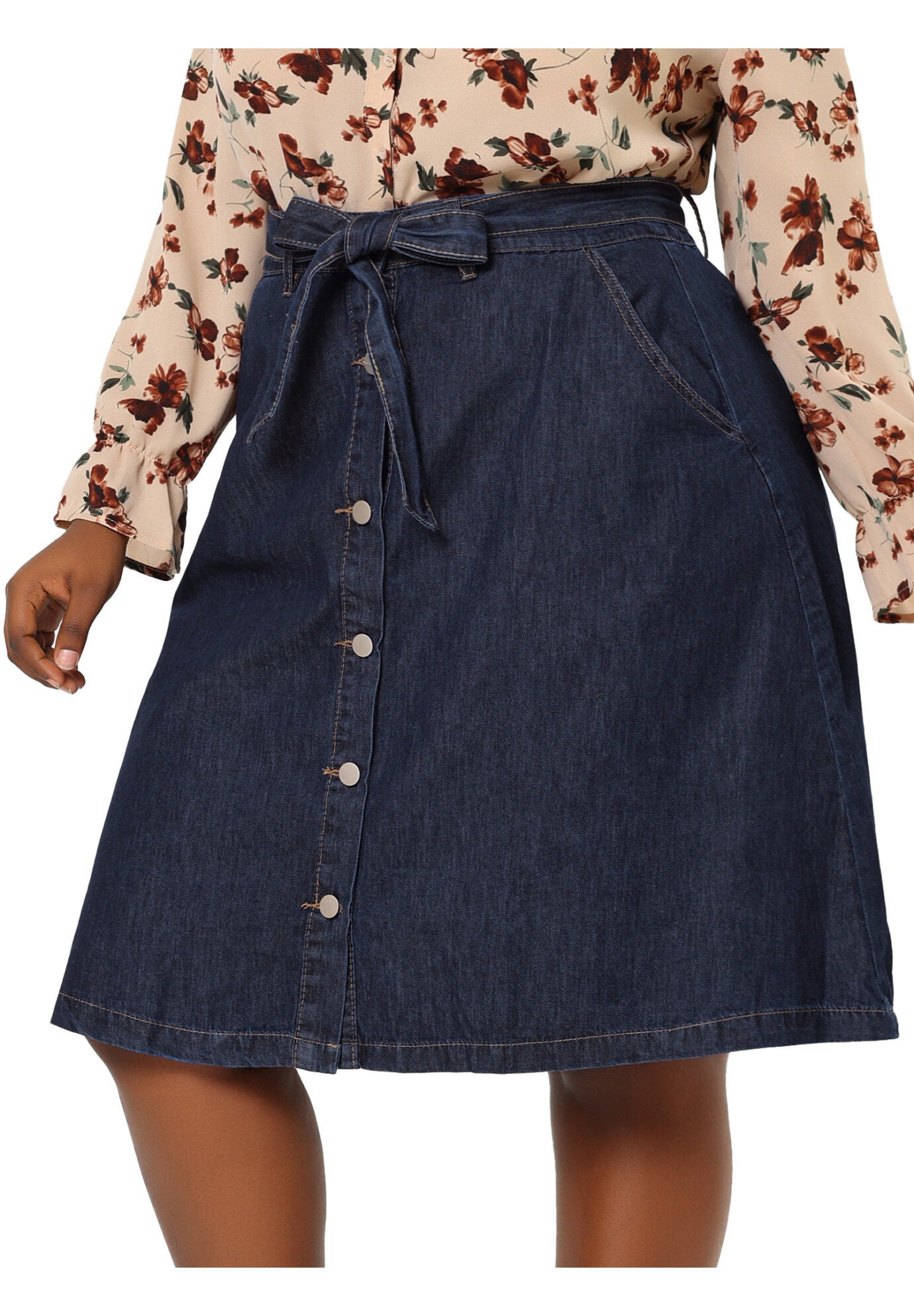 TIE WAIST A-LINE MIDI JEANS DENIM SKIRT, Dark Blue / Navy, alternate image number 2