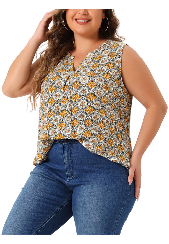 Sleeveless Floral Print V Neck Tunic Tank Top, Brown / Brown, alternate image number 1