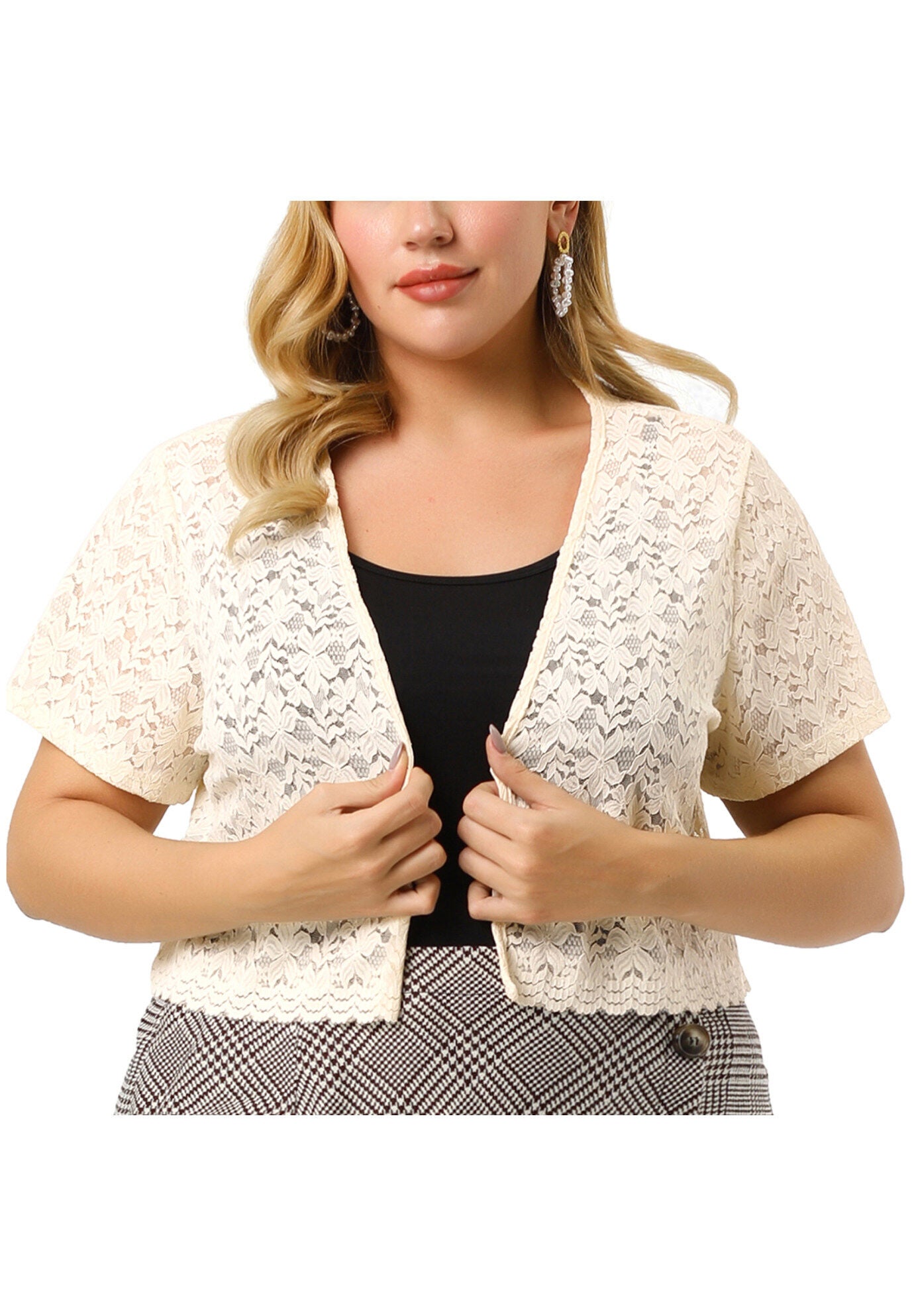 OPEN FRONT SHORT SLEEVE CROCHET LACE CROPPED BOLERO SHRUG CARDIGAN, Beige / Beige, alternate image number 2