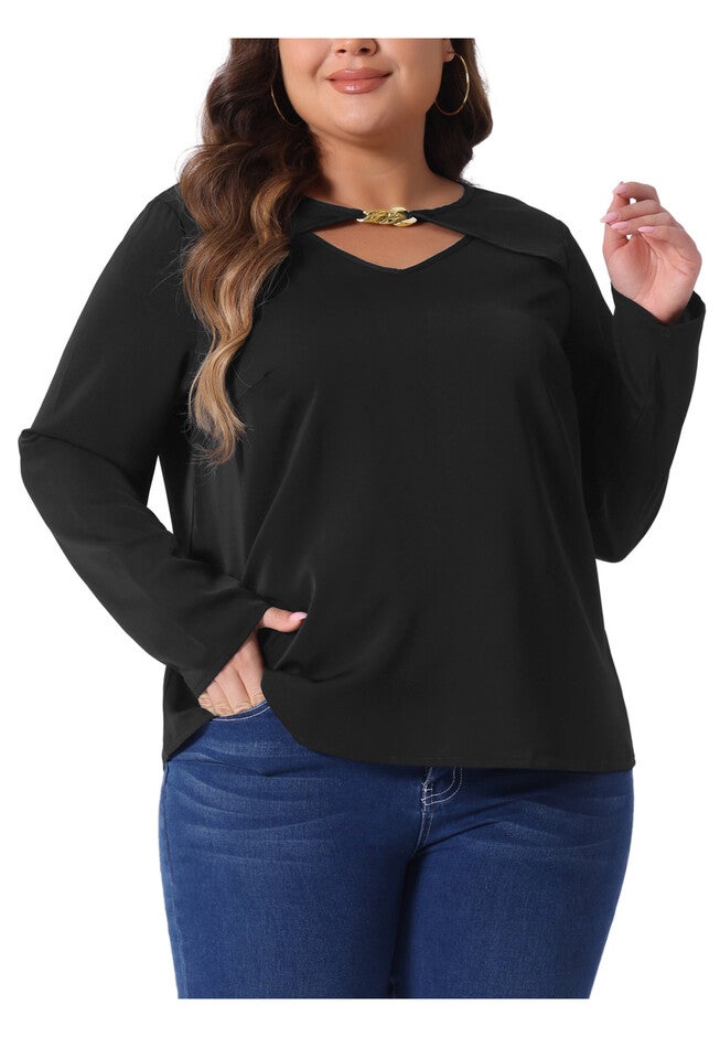 V Neck Long Sleeve Metal Chain Cutout Front T-Shirt Top, Black / Black, alternate image number 2