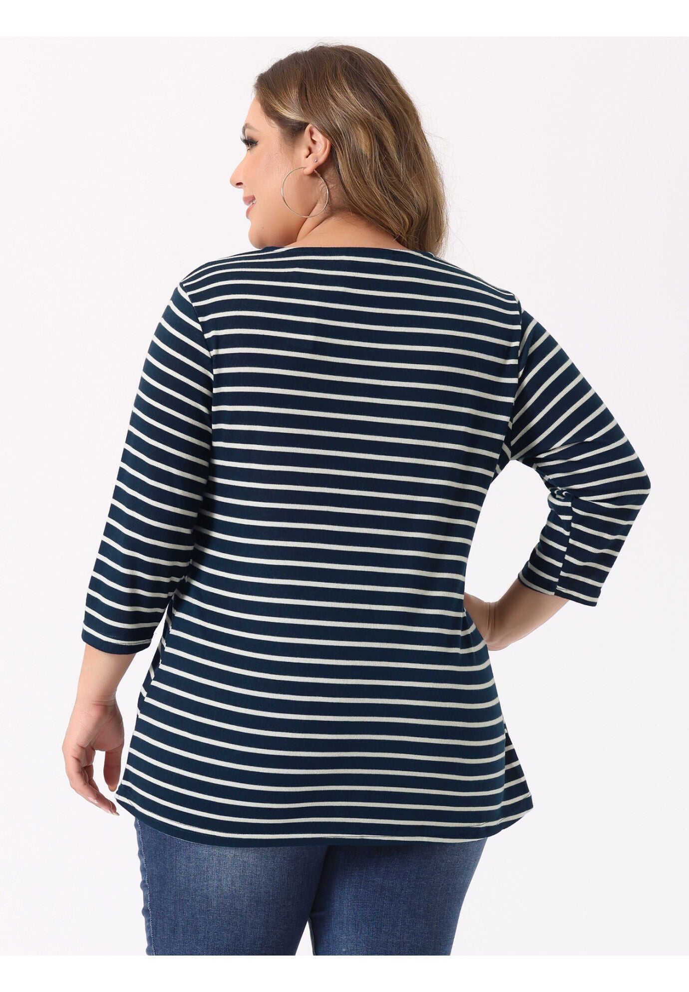 Stripe 3/4 Sleeve Tunic V Neck Knit Blouse, Dark Blue / Navy, alternate image number 3