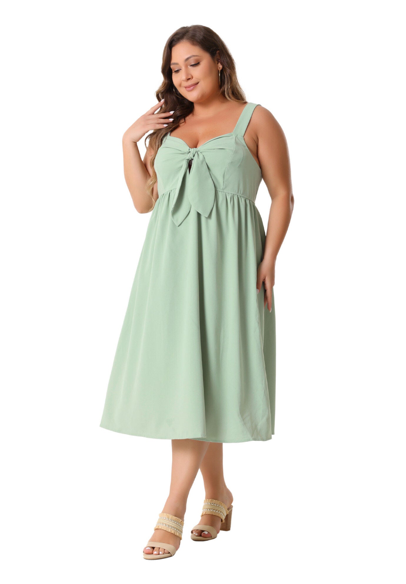 Bow Flowy Back Smocked Midi Cami Dress, Green / Mint, hi-res image number 0