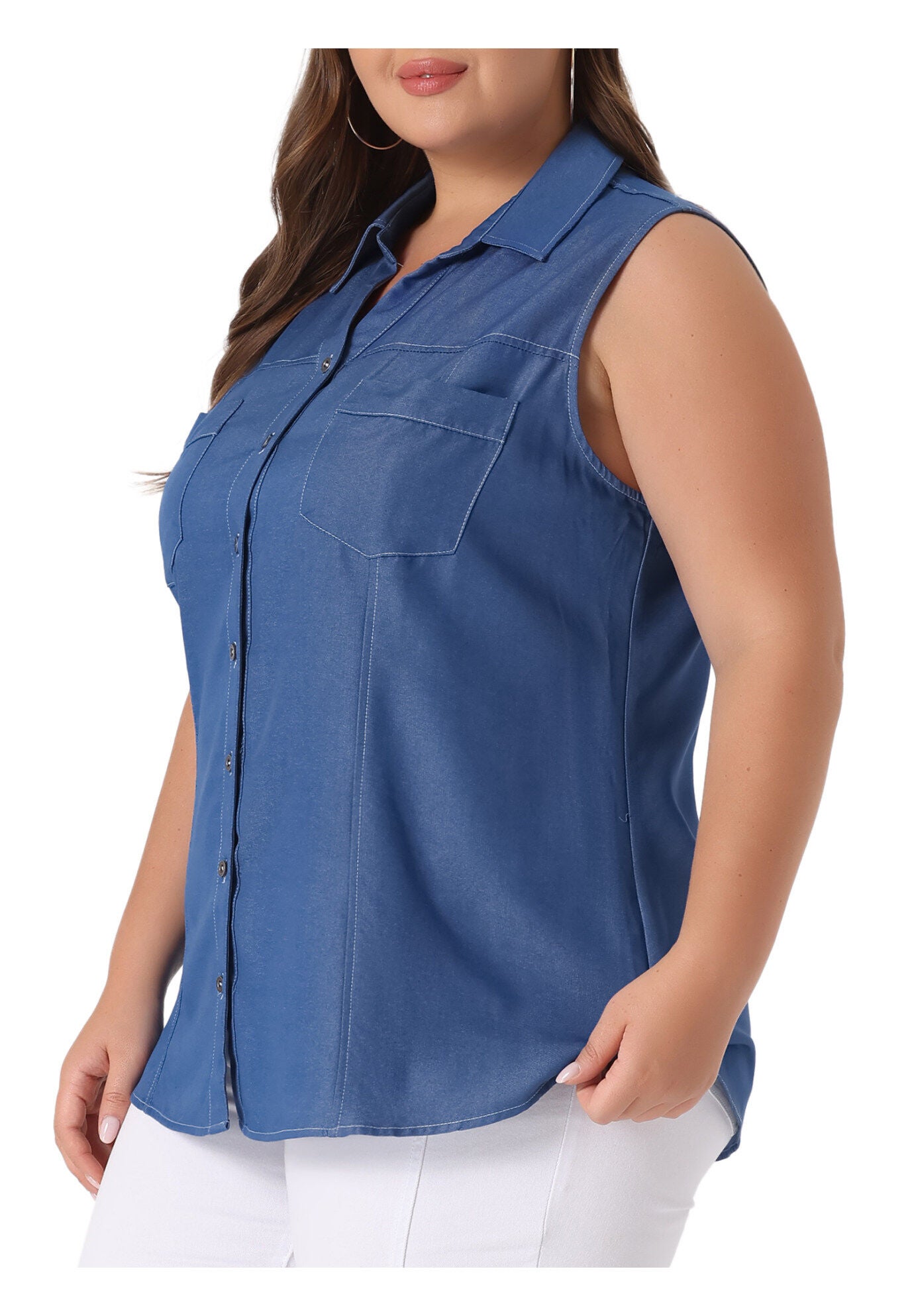 Sleeveless Button Down Shirt Chambray Top, Dark Blue / Navy, alternate image number 1