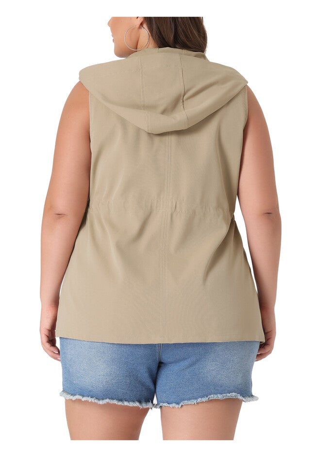 DRAWSTRING LIGHTWEIGHT SLEEVELESS CARGO HOODED ANORAK UTILITY VEST, Khaki / Tan, alternate image number 3