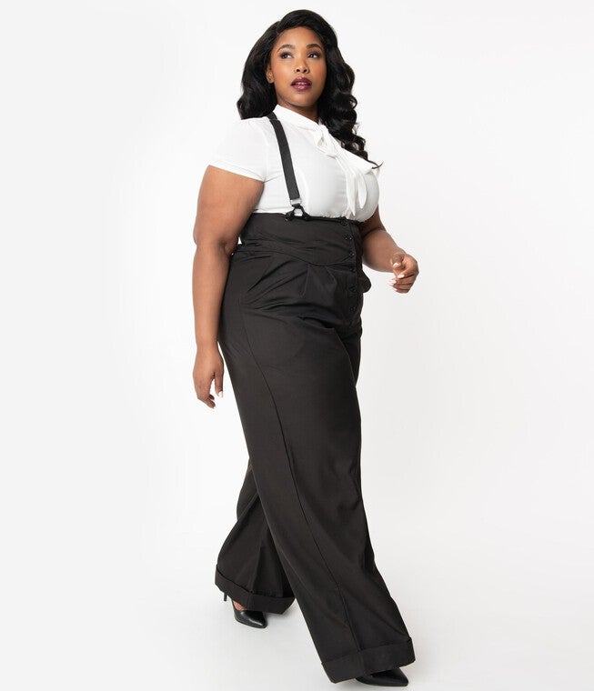 Unique Vintage Black Thelma Suspender Pants, Black / Black, alternate image number null