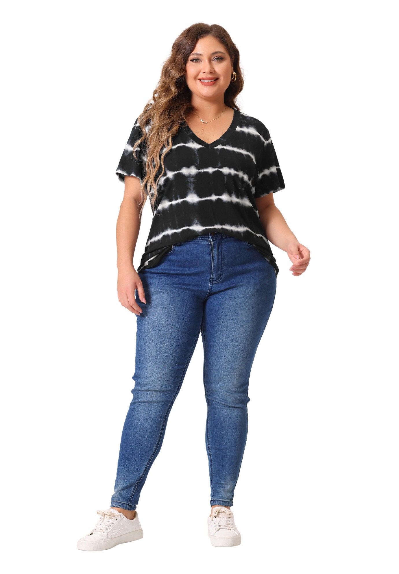 V Neck Short Sleeve Tie Dye Summer Top, Black / Black, hi-res image number 0