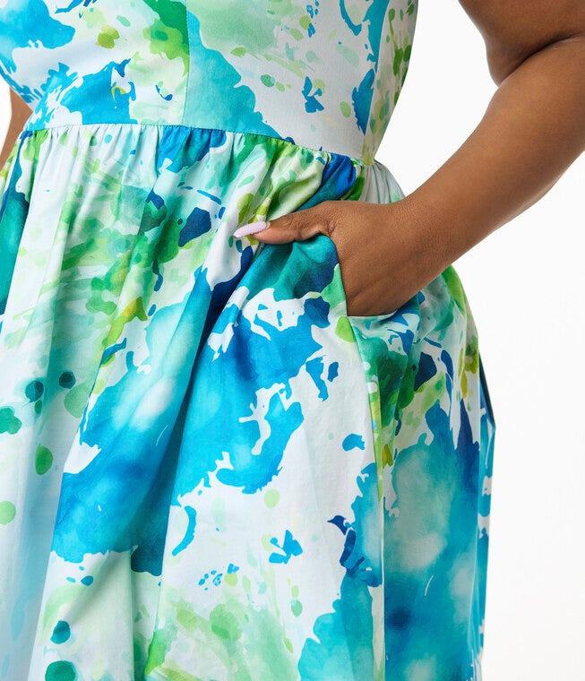 Unique Vintage Plus Size Earth Map Print Cotton Bobbie Swing Dress, Light Blue / Light Blue, alternate image number 1