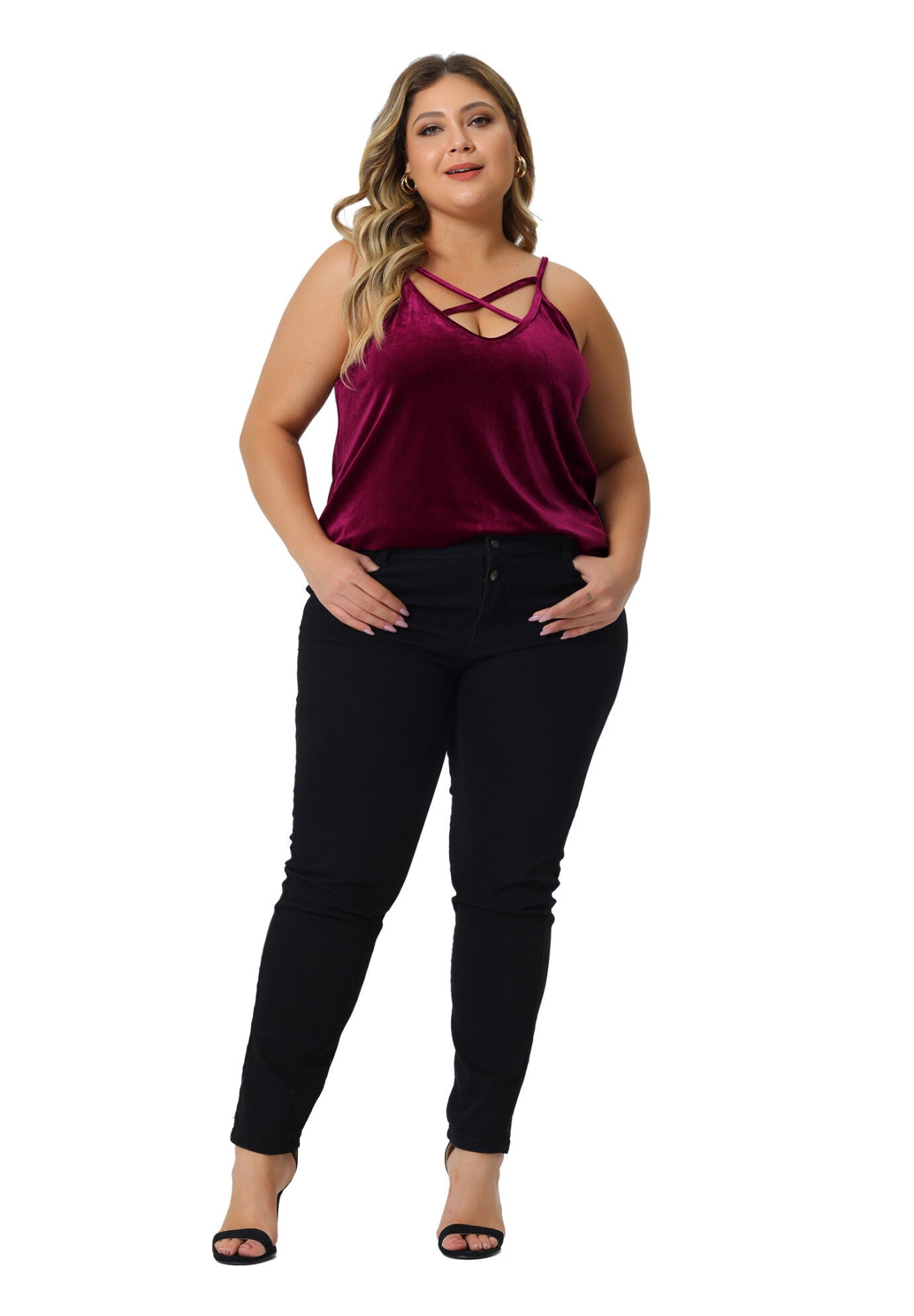 Criss Cross V Neck Spaghetti Strap Cami Velvet Tank Top, Burgundy / Red, hi-res image number 0