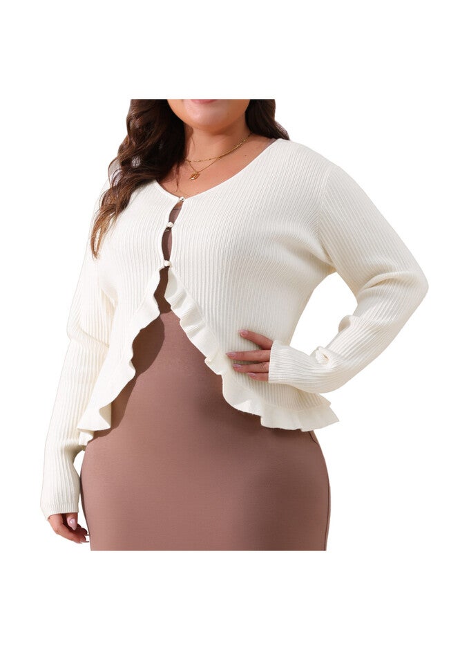KNIT SWEATER OPEN FRONT RUFFLED BUTTON CARDIGAN, Beige / Beige, alternate image number 2