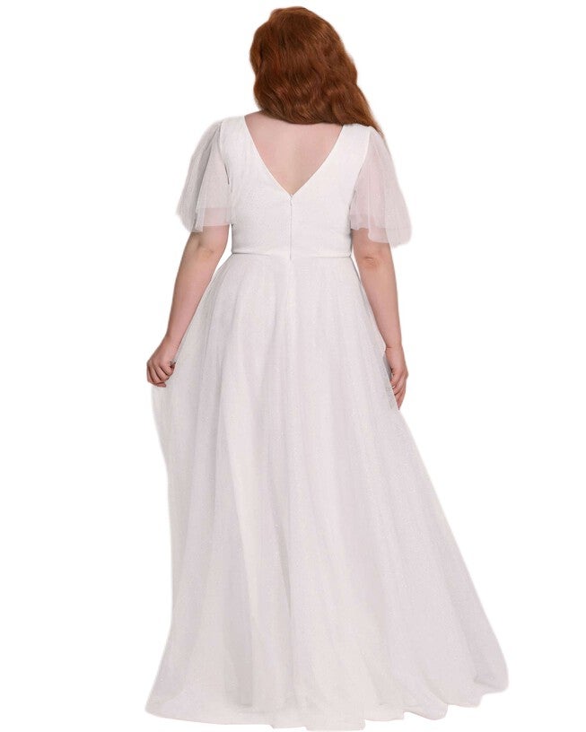 V Neck Tulle Formal Evening Dress with Ruffle Sleeves, , alternate image number 5