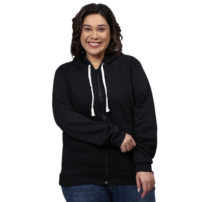 Solid Stylish Casual Hooded Sweatshirt, Black / Black, hi-res image number null