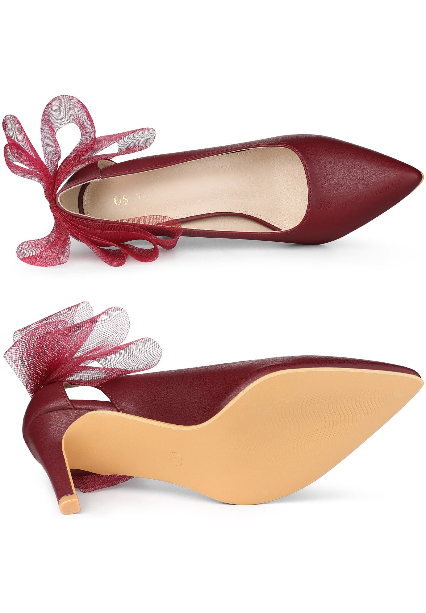 Mesh Bow Pointed Toe Stiletto Heels Pumps, Burgundy / Burgundy, alternate image number 3
