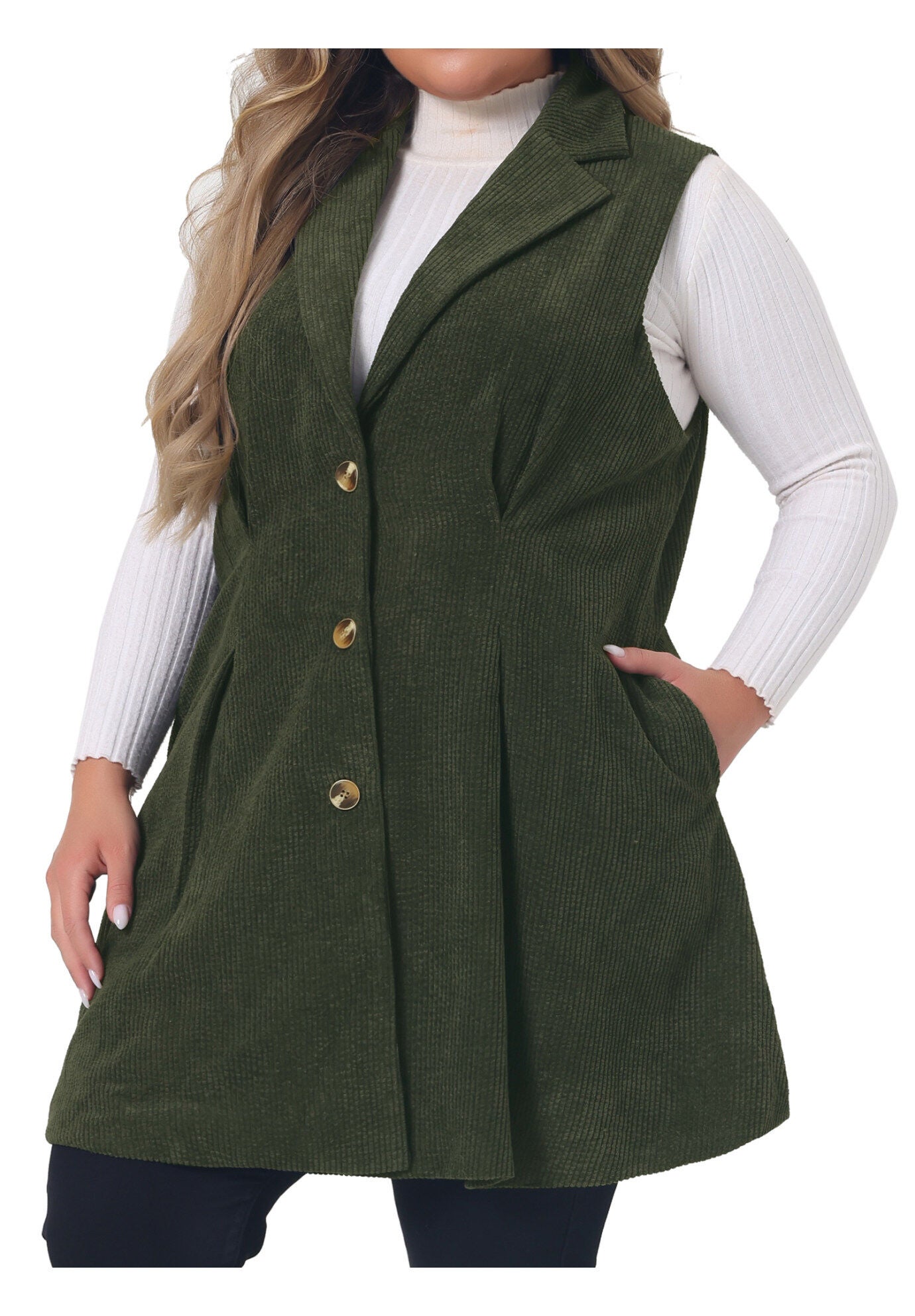 CORDUROY SINGLE BREASTED SLEEVELESS VEST JACKET, Army Green / Sage Green, alternate image number 4