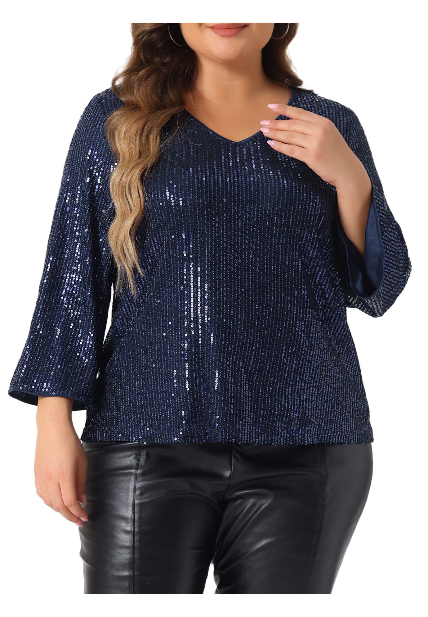 Sequin 3/4 Sleeve V Neck Glitter Top, Navy Blue / Navy, alternate image number 2