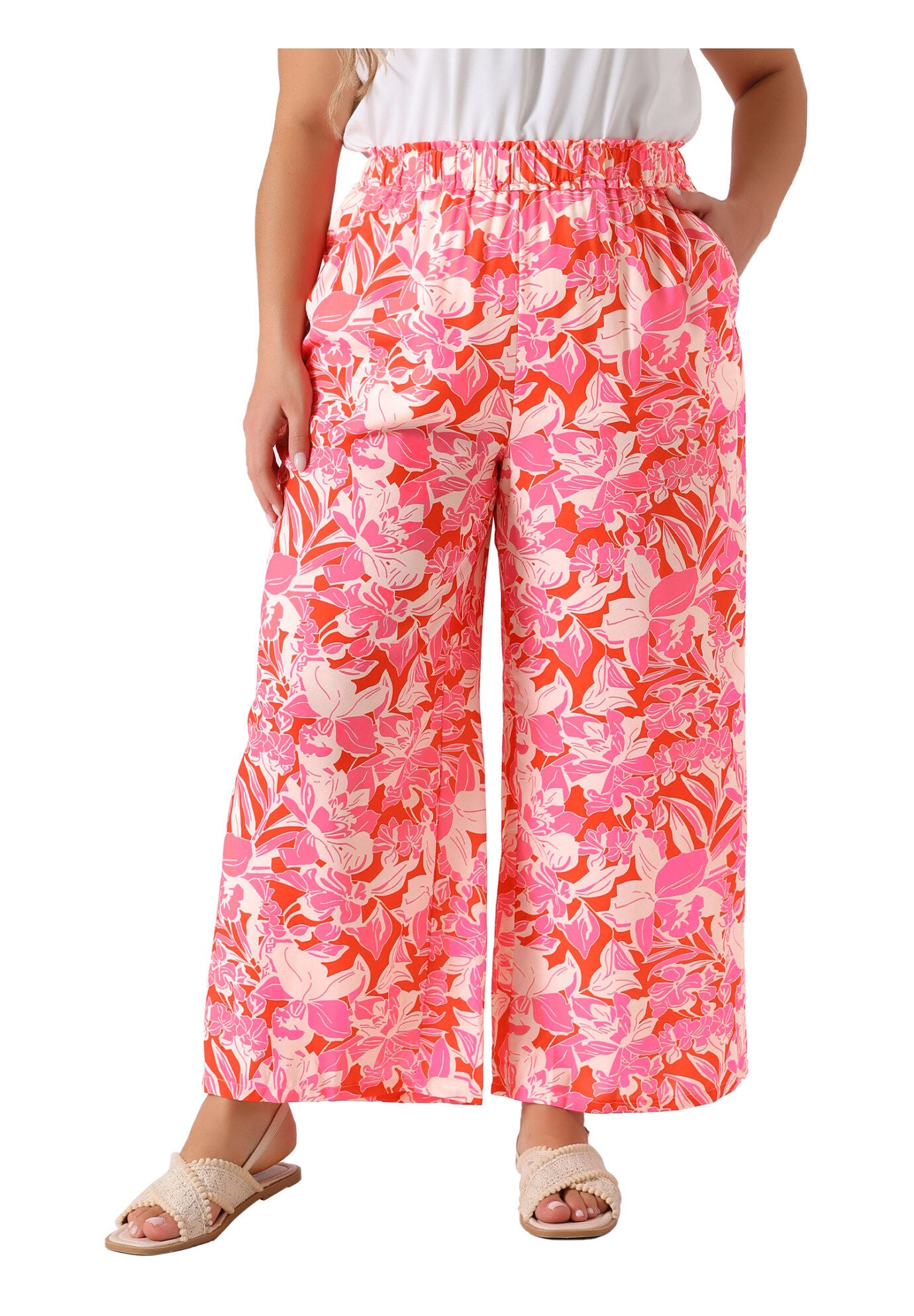 FLORAL PRINT HIGH WAIST WIDE LEG PANTS, Pink / Pink, alternate image number 2