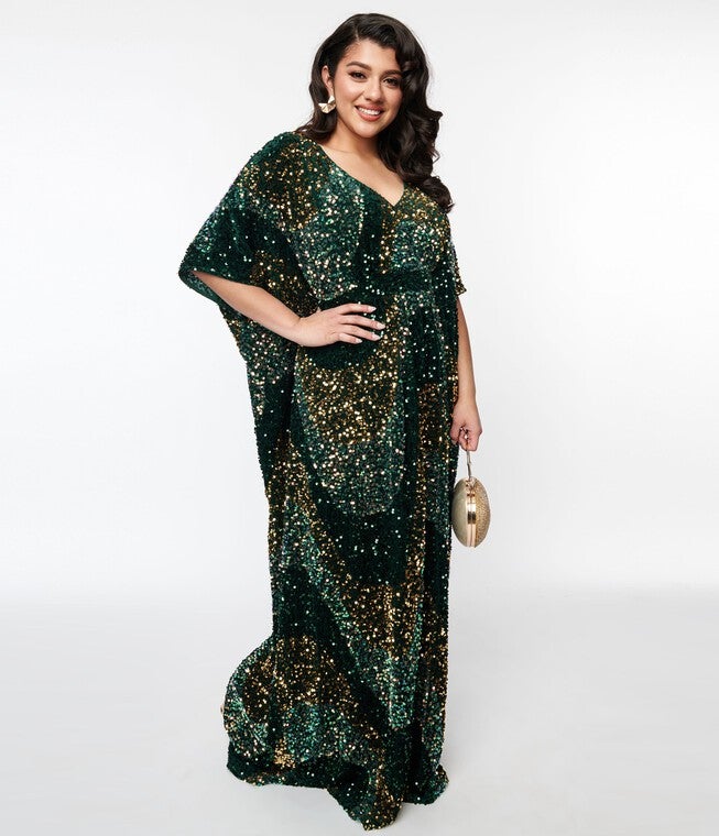 Unique Vintage Emerald & Gold Sequin Burton Caftan Dress, Green Gold Sequin / Forest Green, alternate image number 3