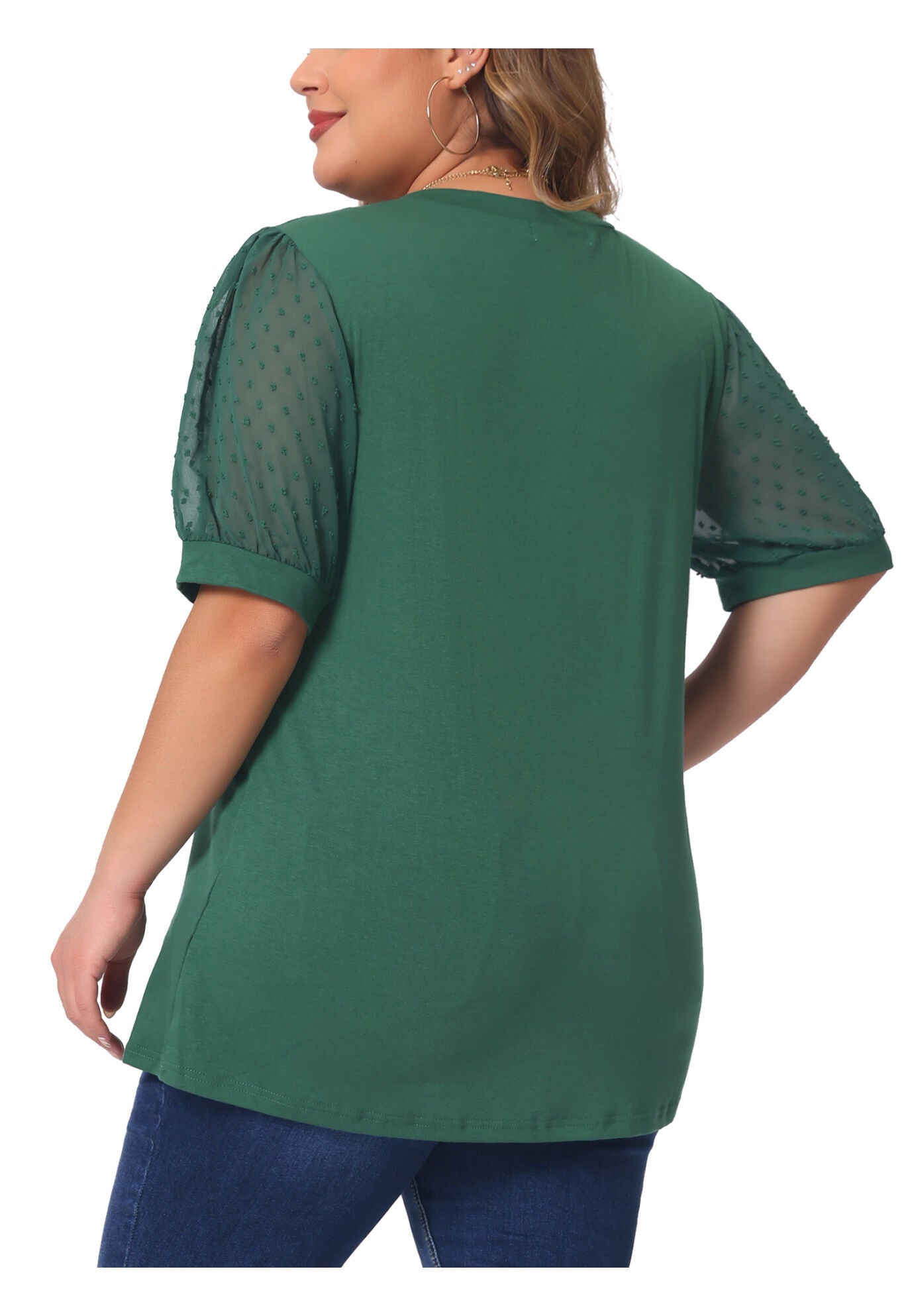 V Neck Swiss Dots Puff Sleeve Loose Top, Green / Quetzal Green, alternate image number 3