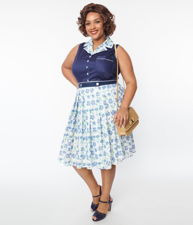 Unique Vintage White & Blue Floral Eyelet Collins Wrap Swing Skirt, White Floral / White, hi-res image number 0