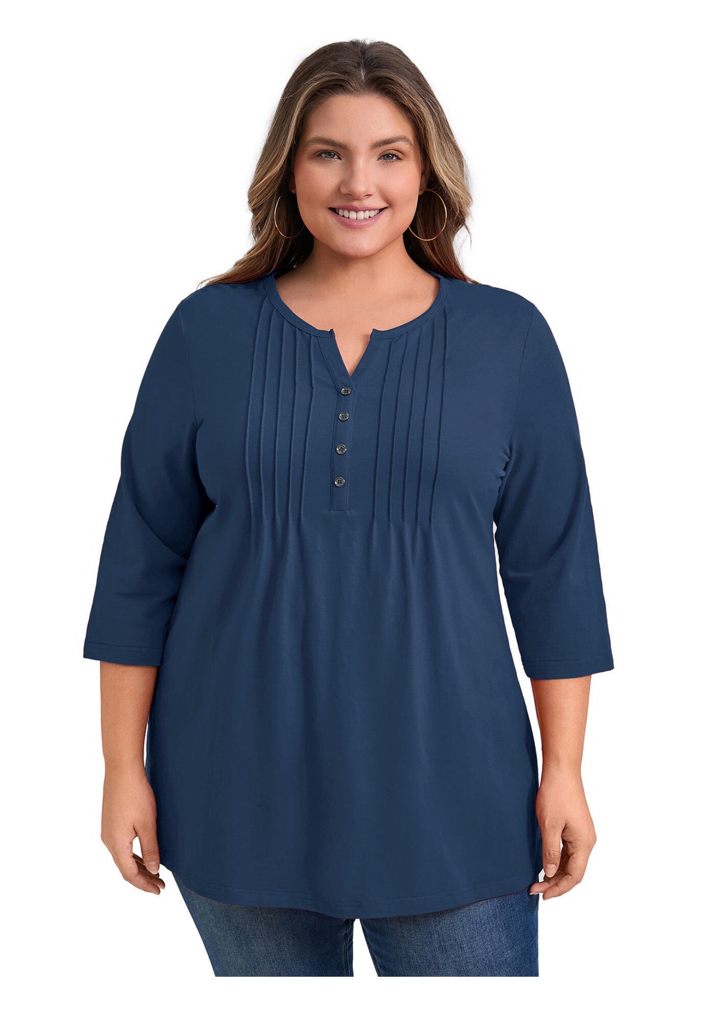 Notched Neck 3/4 Sleeve Front Pleated Button Decor Casual Blouse, Navy Blue / Navy, hi-res image number 0