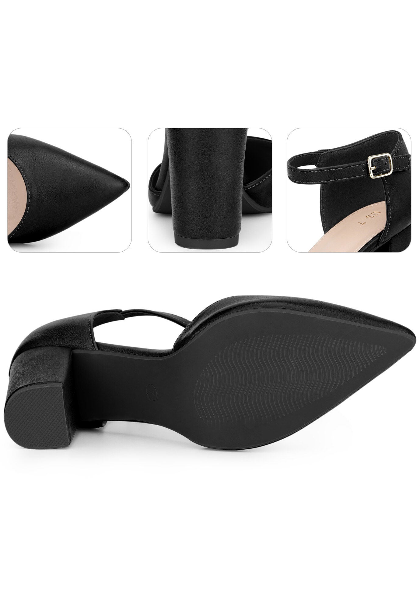 Pointed Toe Ankle Strap Pumps Chunky Heel, Black / Black, alternate image number 1