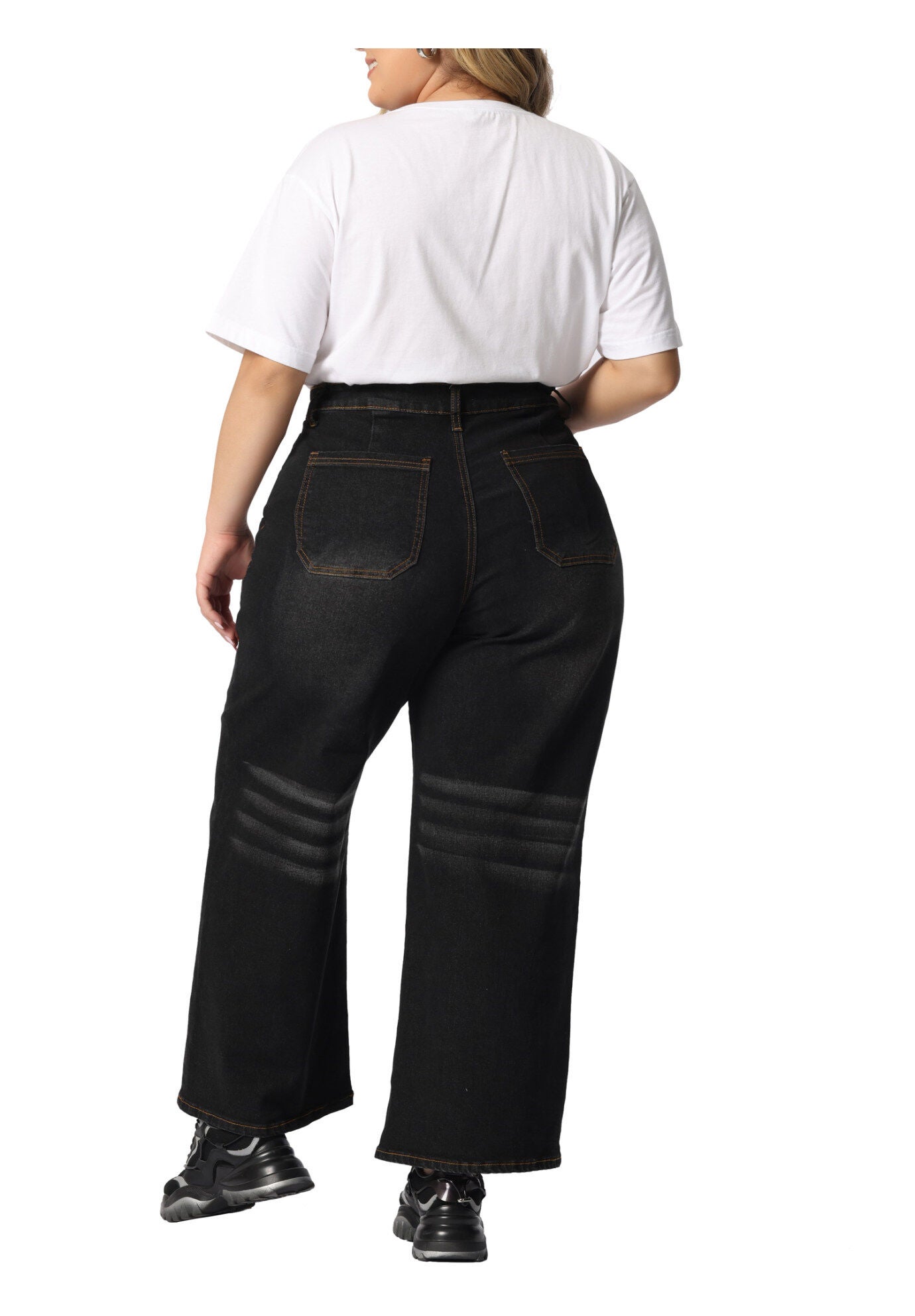 WIDE LEG WASHED STRETCHY PALAZZO PANTS DENIM JEANS, Black / Black, alternate image number 3