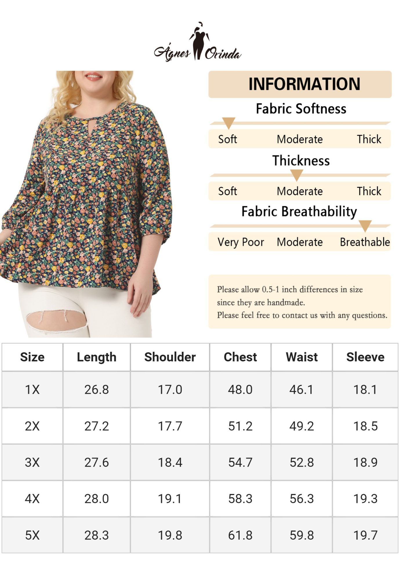 3/4 Sleeves Babydoll Chiffon Keyhole Floral Flowy Top Blouse, Navy Blue / Navy, alternate image number 4