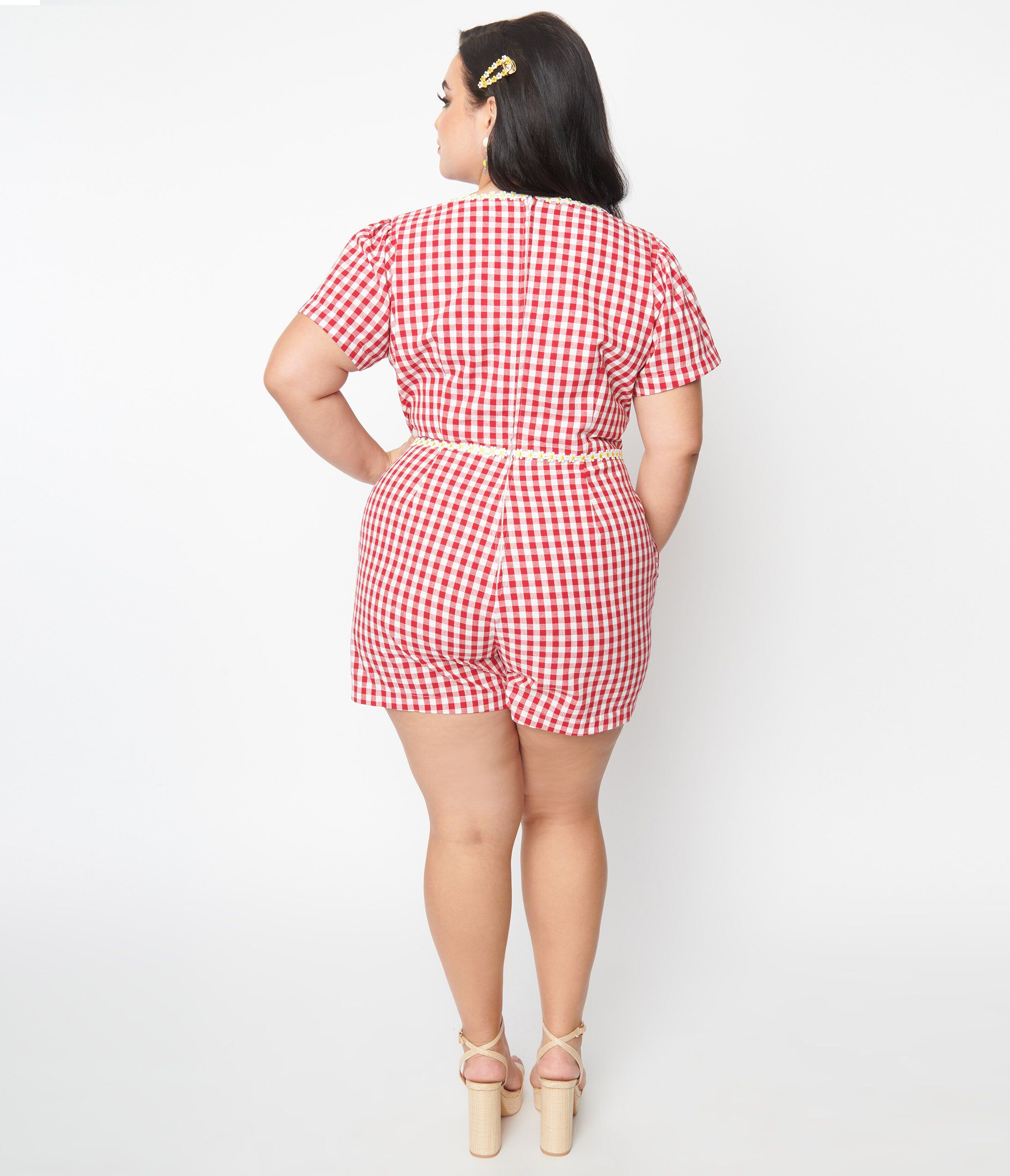 Unique Vintage Red Gingham & Daisy Romper, , alternate image number 7
