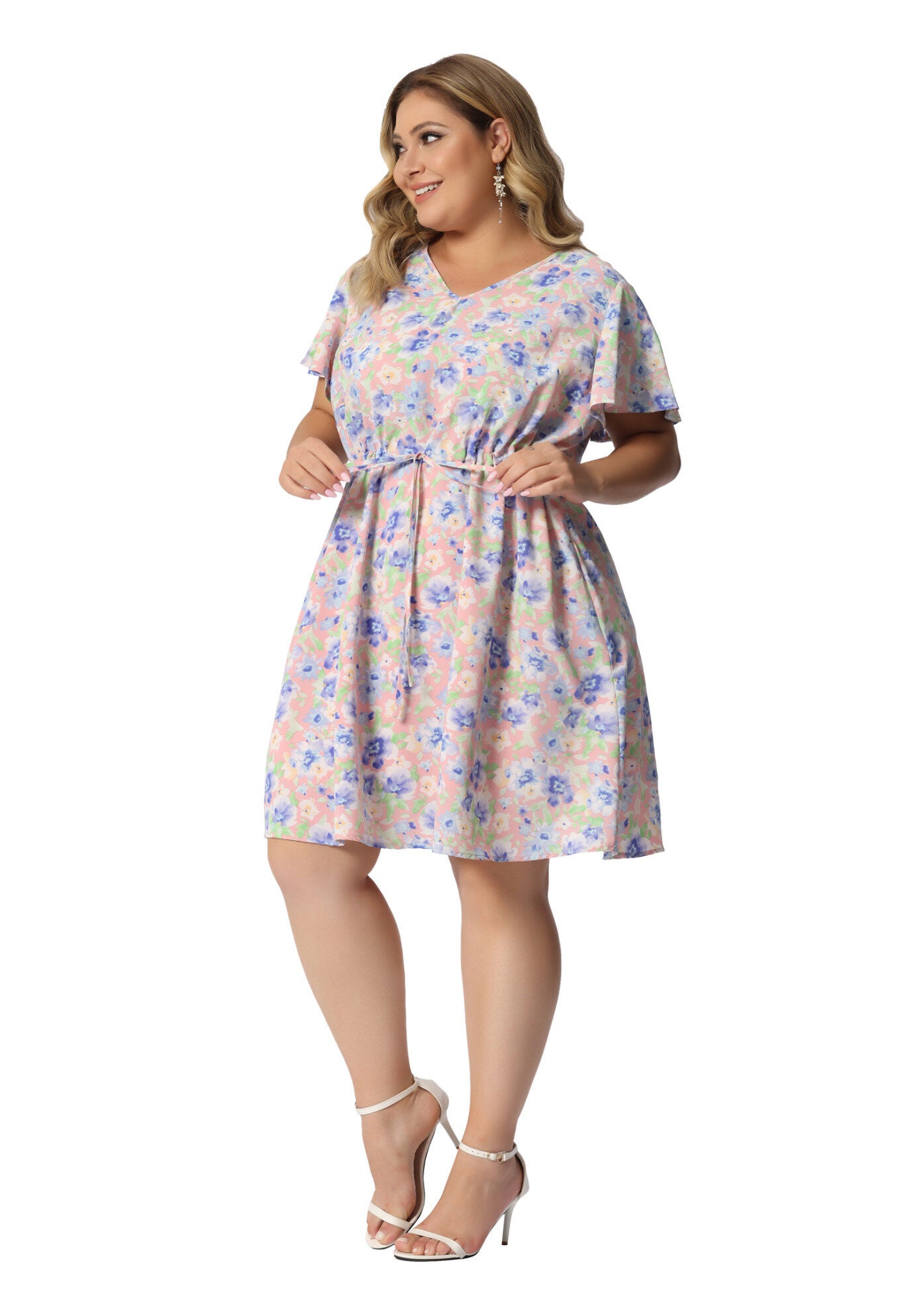 Floral Drawstring Waist V Neck Dress, Pink / Pink, hi-res image number 0