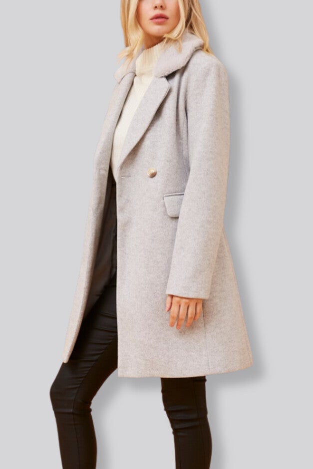 Freja Coat Double Breasted Removable Faux Fur Collar, Gray / Cool Gray, alternate image number 2