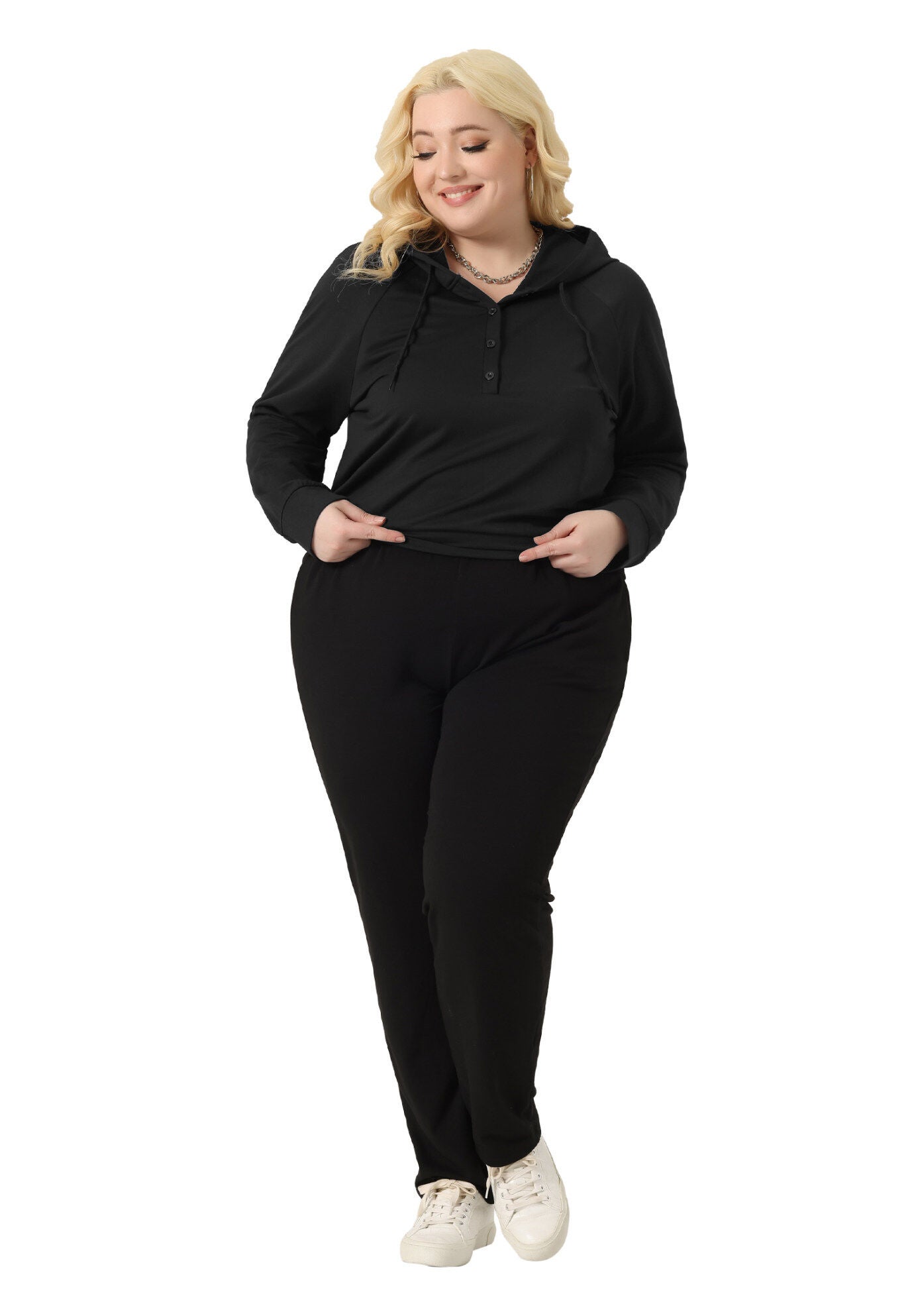 Button Collar Drawstring Hoodies Pullover Sweatshirt Top, Black / Black, hi-res image number 0