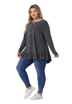 Button Henley V Neck Ruffled Hem Swing Flowy Blouse Tunic