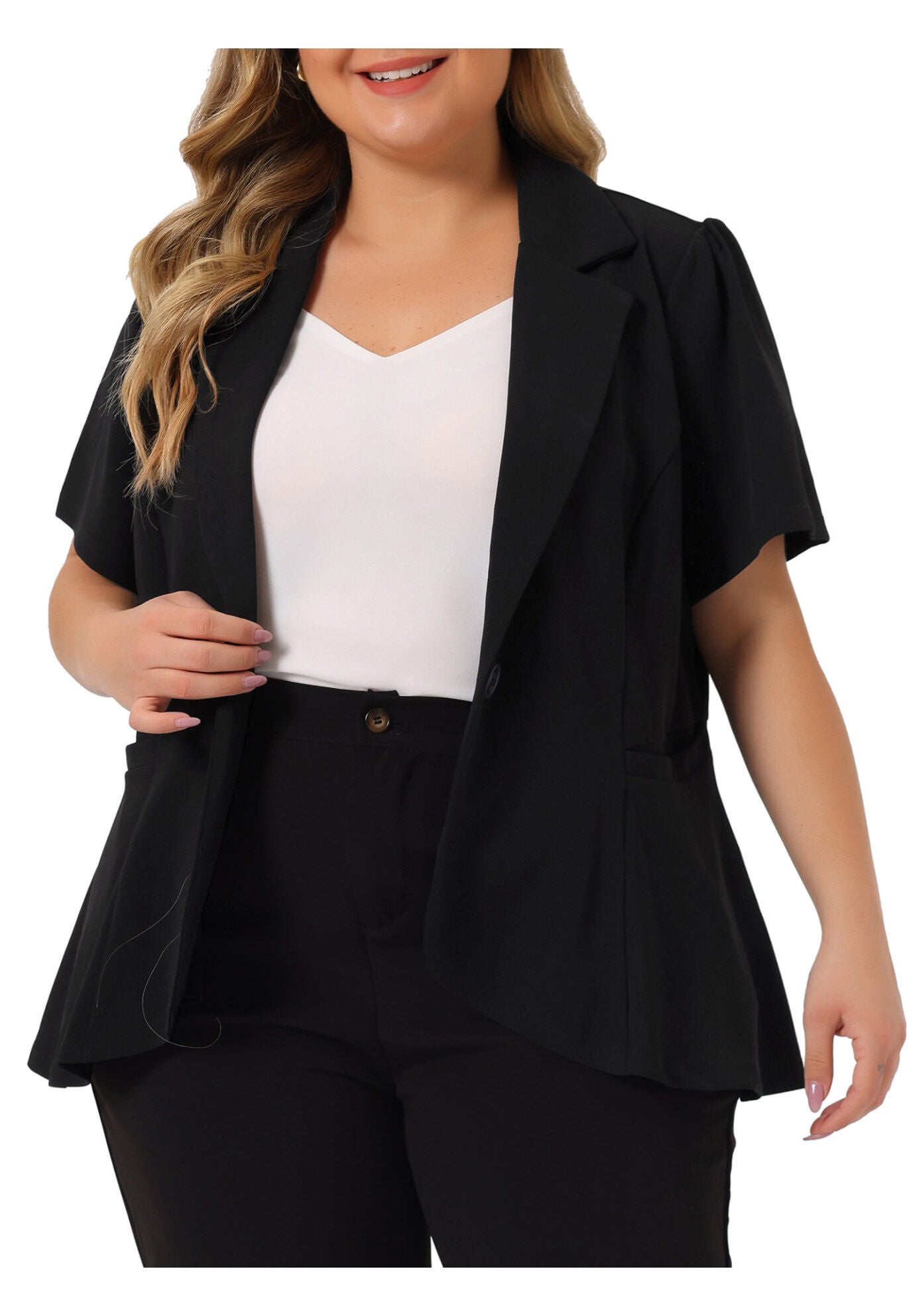 SHORT SLEEVE BUTTON BUSINESS SUIT BLAZER, Black / Black, alternate image number 1