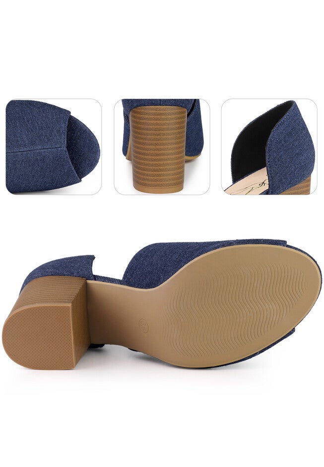 Denim Peep Toe Chunky Heels Wide Heel Mules, Blue / Navy, alternate image number 2