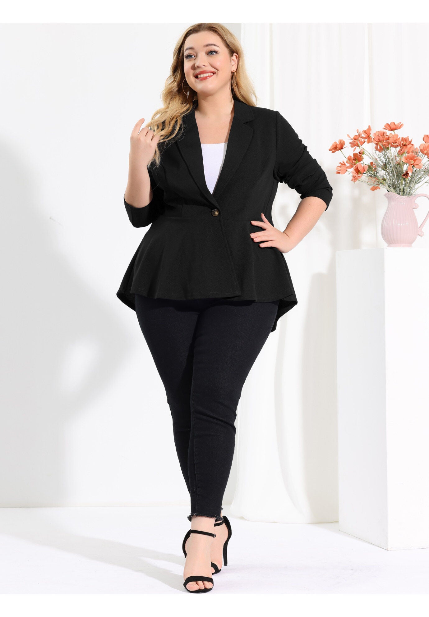 Ruffle V-Neck Button-Front Peplum Blazer, Black / Black, hi-res image number 0