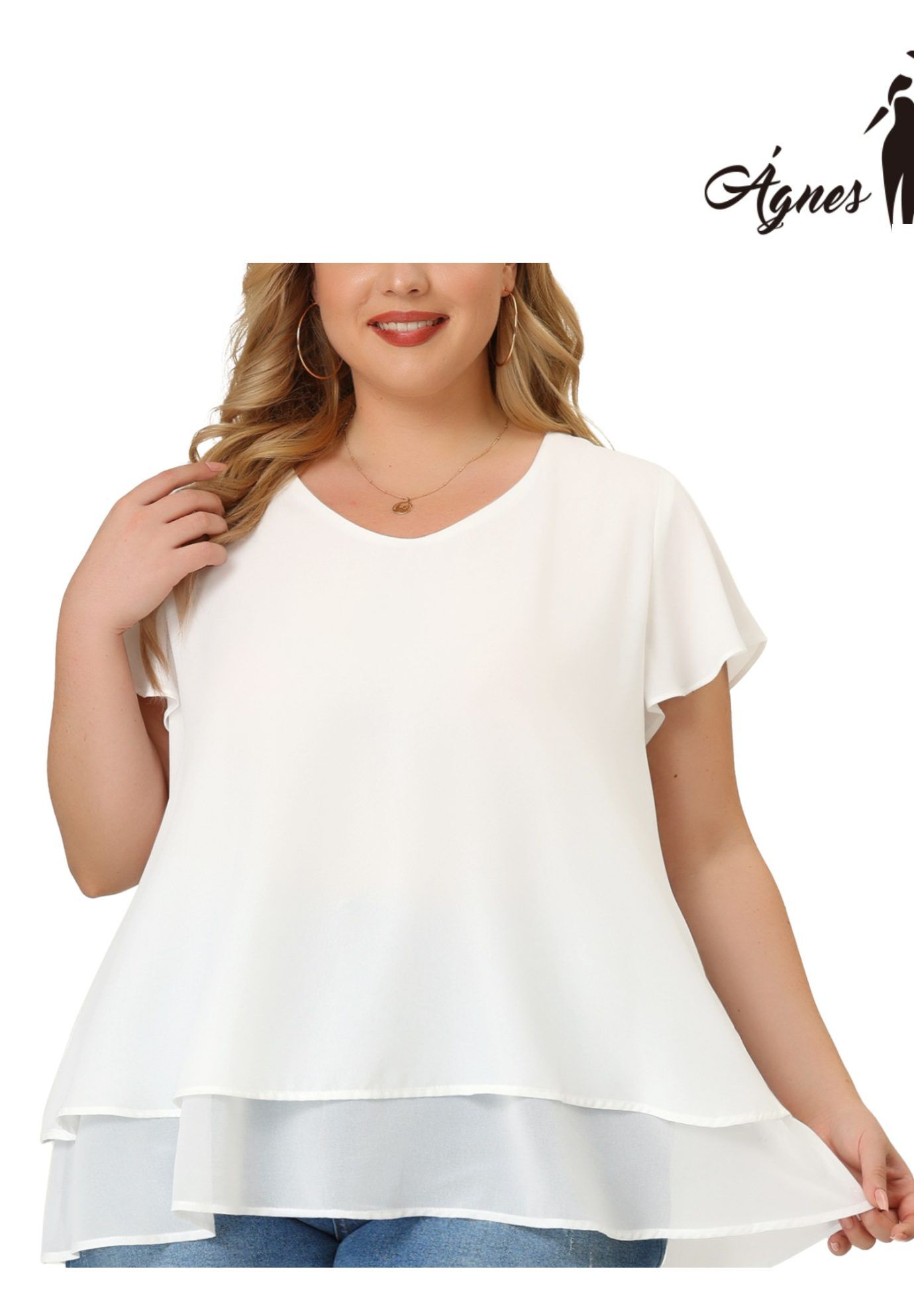 Summer Top Ruffle Short Sleeve V Neck Double Layered Hem Chiffon Blouse, White / White, alternate image number 4
