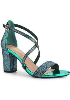 Glitter Crisscross Strap Block Heels Sandals