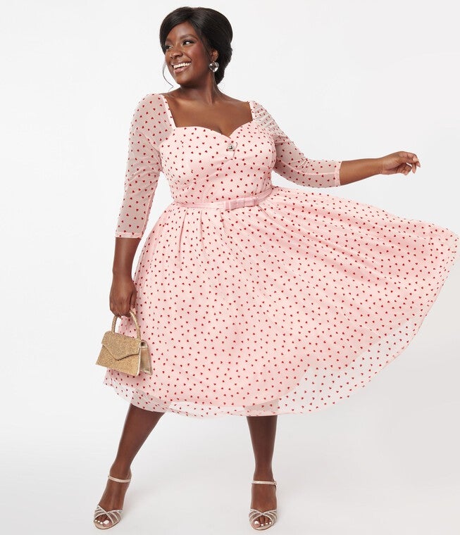 Unique Vintage Pink & Red Hearts Lamar Swing Dress, Pink Polka Dot / Pink, hi-res image number null