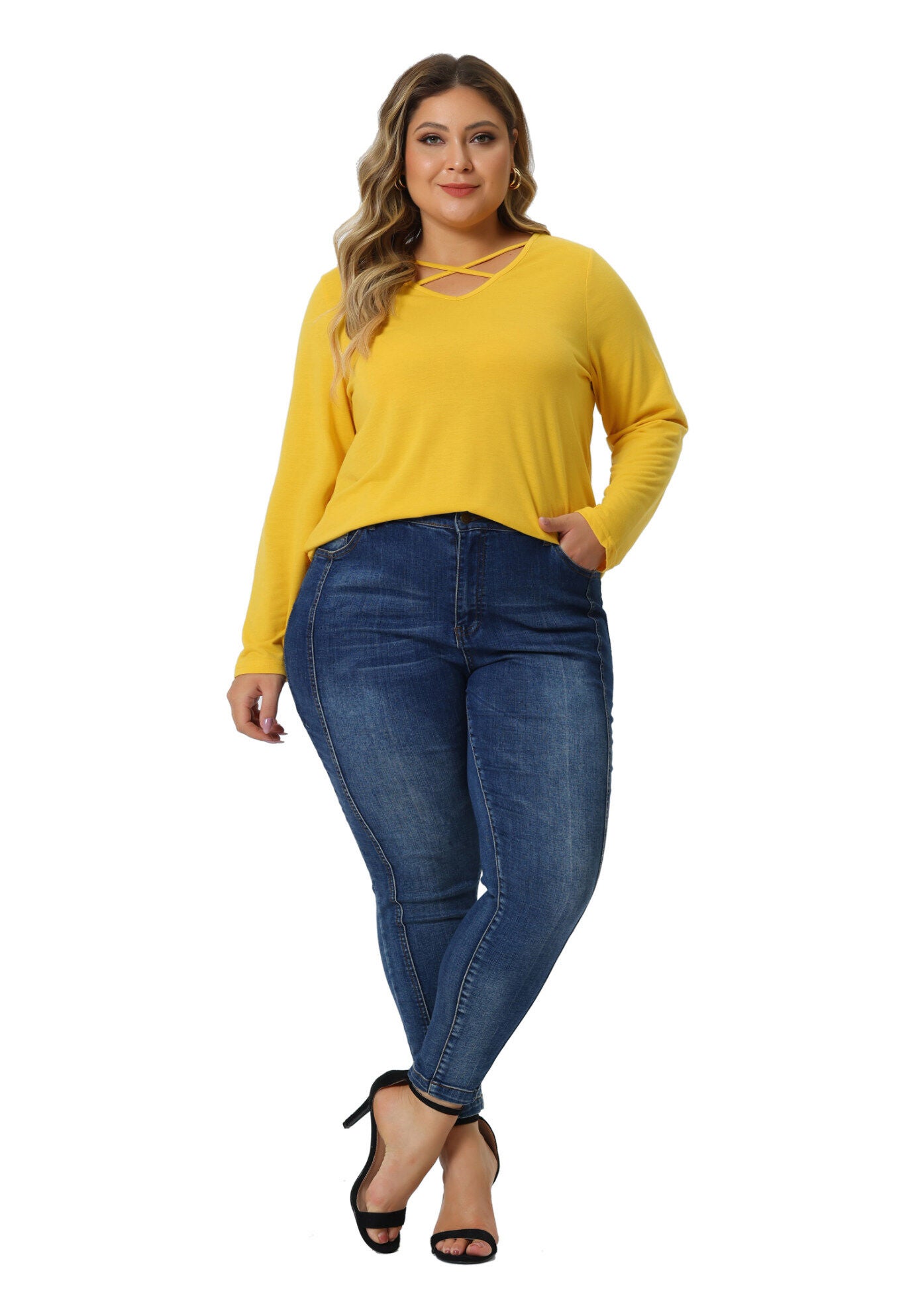 CROSS V NECK LONG SLEEVES T-SHIRT TOP, Yellow / Yellow, hi-res image number 0