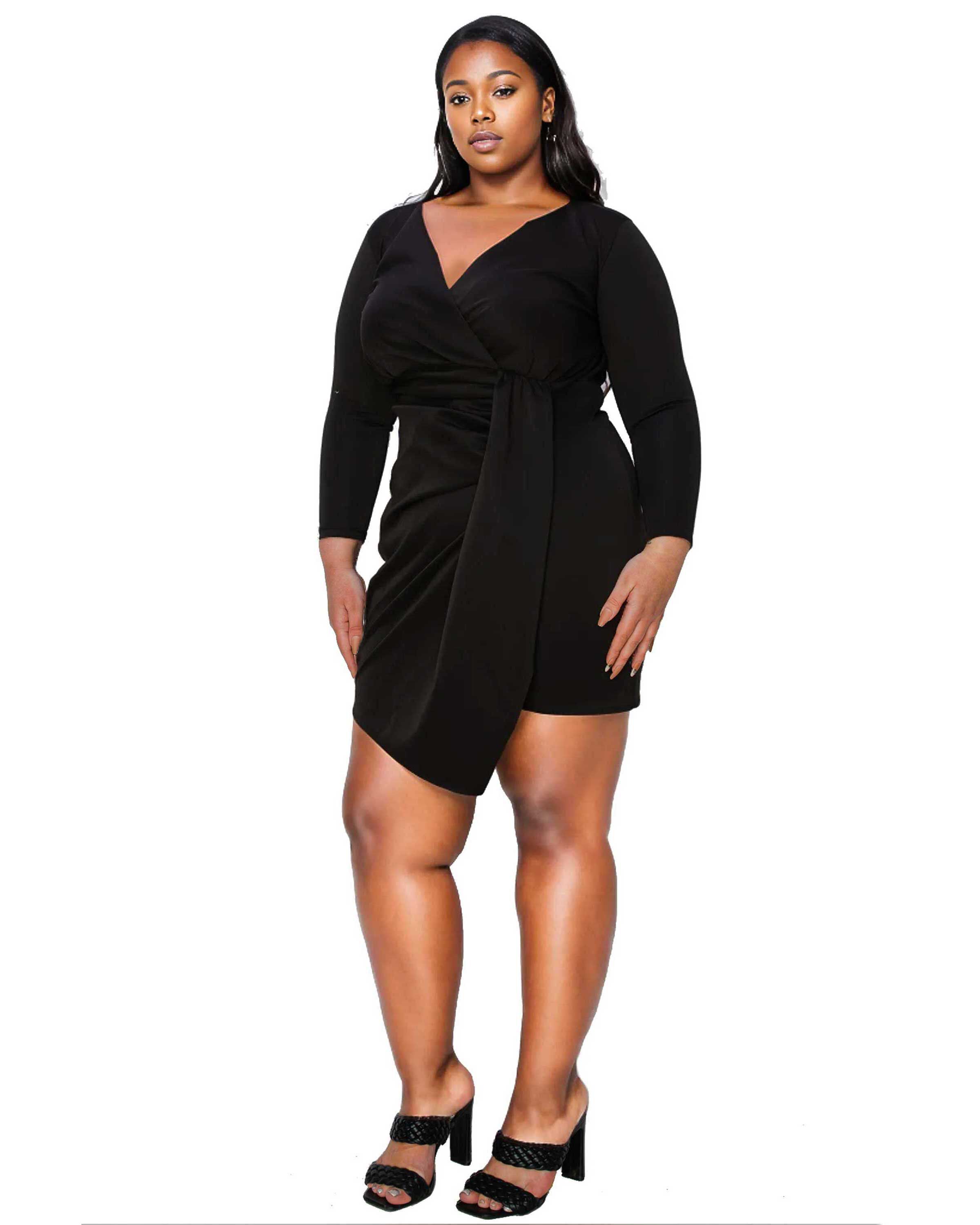 RAVEN FAUX WRAP BODYCON DRESS, Black / Black, alternate image number 1