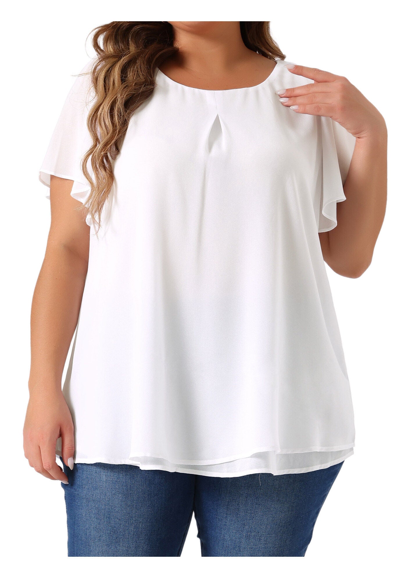 Ruffle Short Sleeve Double-Layered Chiffon Blouse, White / White, alternate image number 2