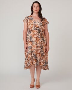 Tropic Leaves Pink Floral Wrap Midi Dress