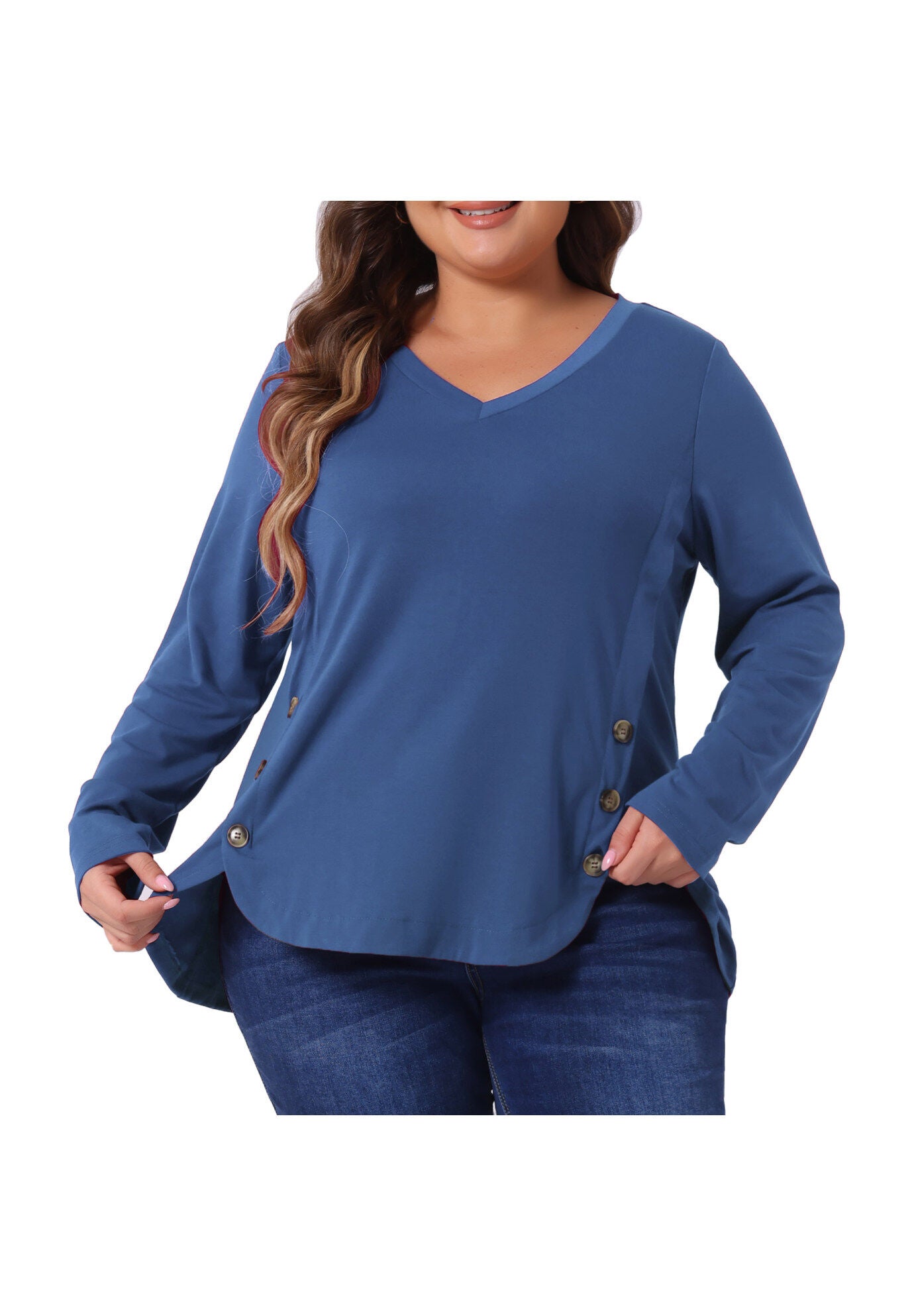 LONG SLEEVE TUNIC TOP V NECK LOOSE T SHIRT, Blue / Cornflower Blue, alternate image number 1