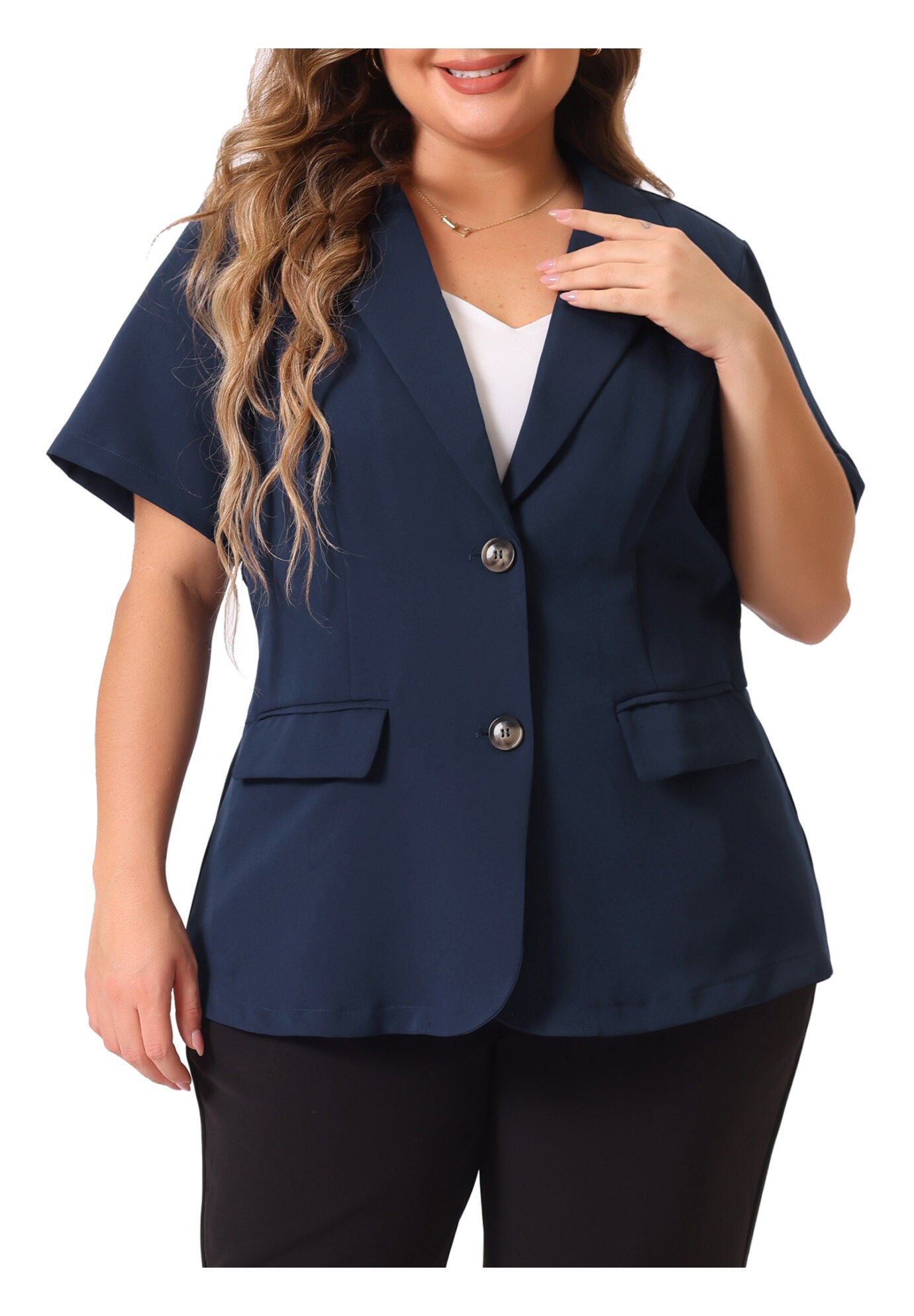 SHORT SLEEVE NOTCHED LAPEL BUTTON WORK BLAZER, Navy Blue / Navy, alternate image number 2