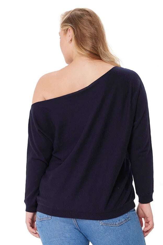 Cotton Cashmere Off The Shoulder Sweater, Navy / Navy, alternate image number 2
