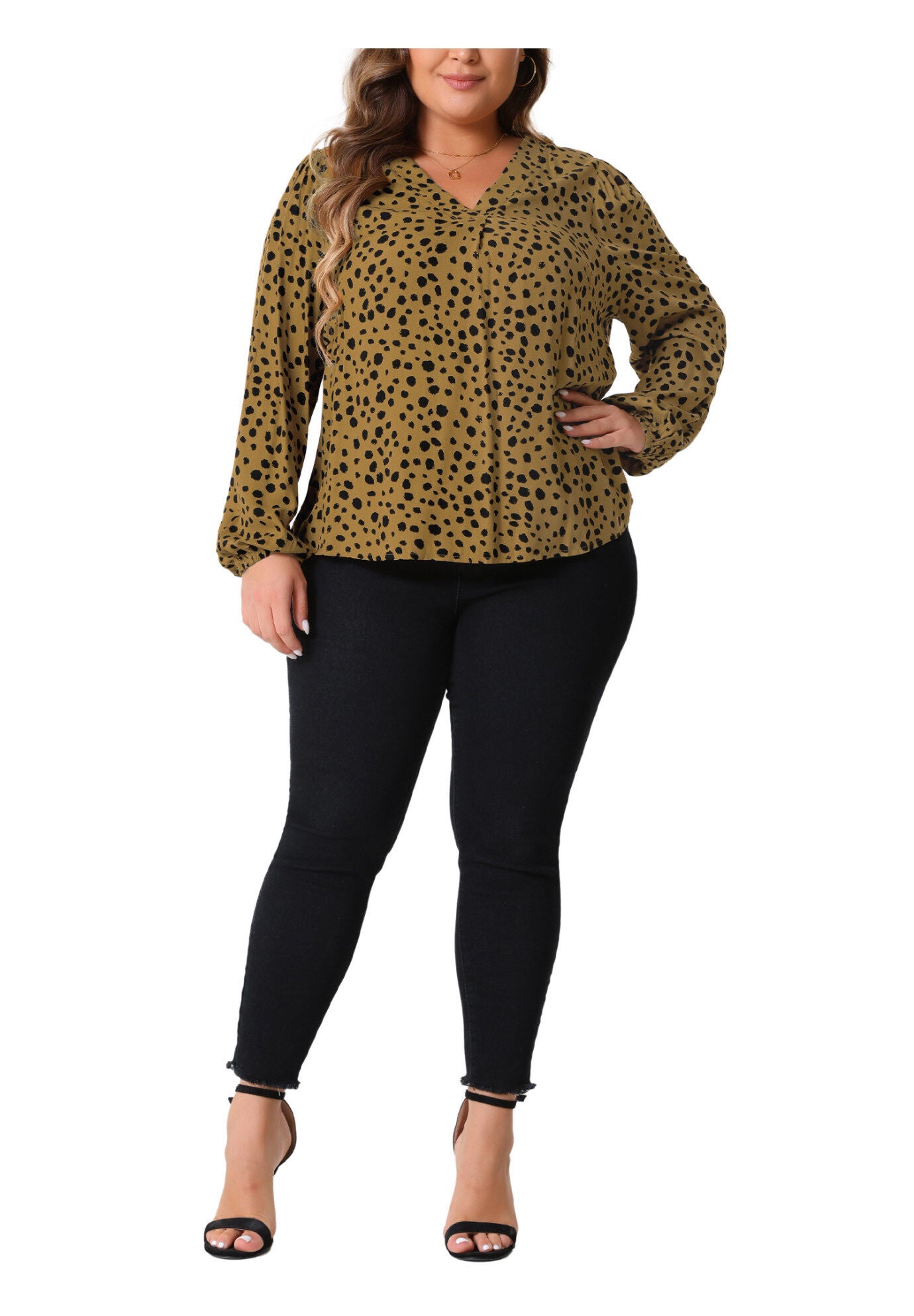 Polka Dot V Neck Long Sleeve Blouse Shirt, Brown / Brown, hi-res image number 0
