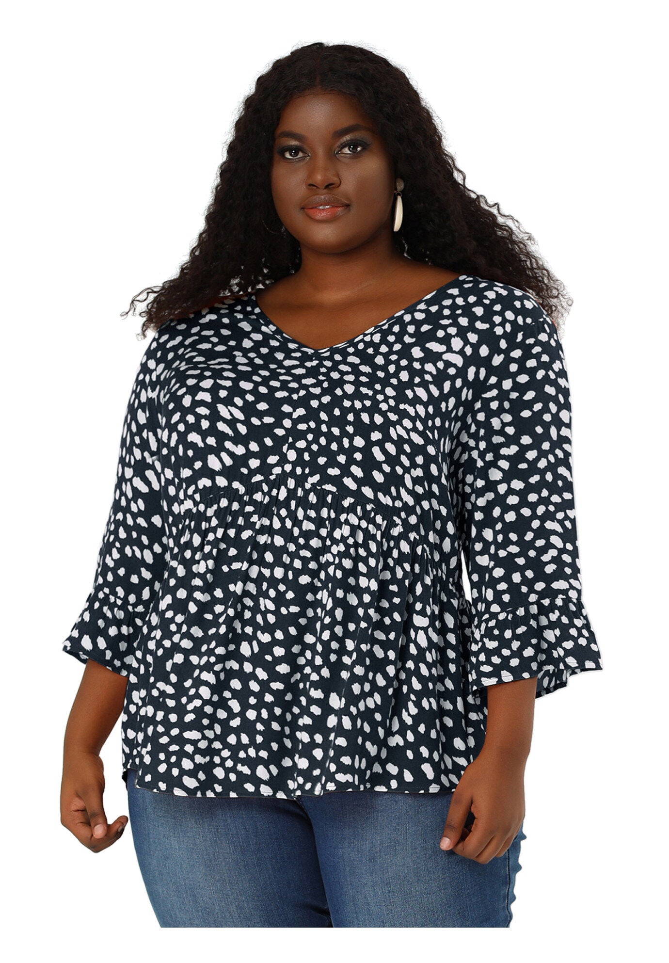 Polka Dots Blouse 3/4 Ruffle Sleeve Peplum Top, Navy Blue / Navy, alternate image number 3